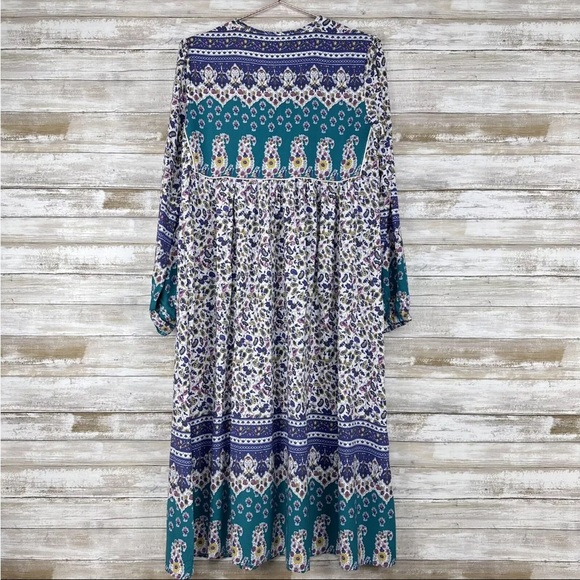 R.Vivimos | Boho Long Sleeve Floral Print Retro V Neck Tassel Midi Dress small - Picture 2 of 9